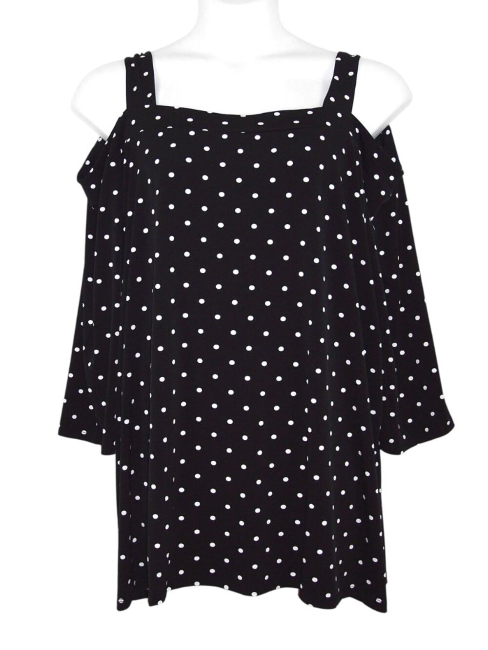 Woman Within 3X 30/32 Top Black & White Polka Dot 3/4 Sleeves Cold Shoulder NEW - Picture 3 of 12